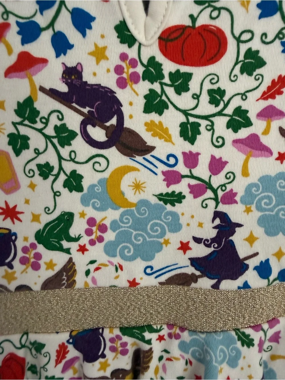 Mini Boden White Long-Sleeve Fairy Tale Print Dress with Gold Waistband